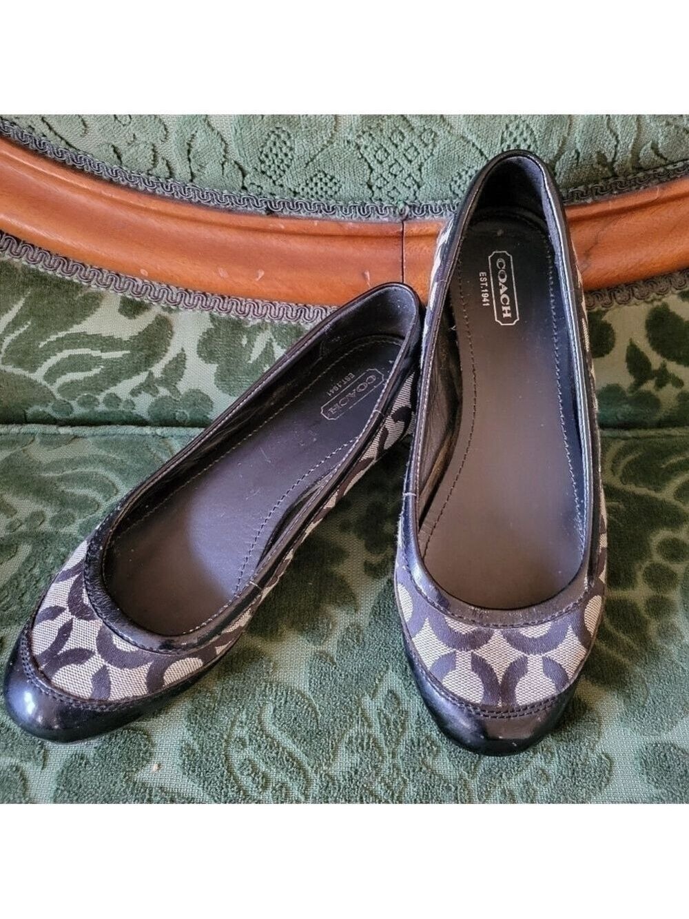 Coach Ballet Flats Signature Logo Jacquard Canvas with Patent Leather Toe Cap
